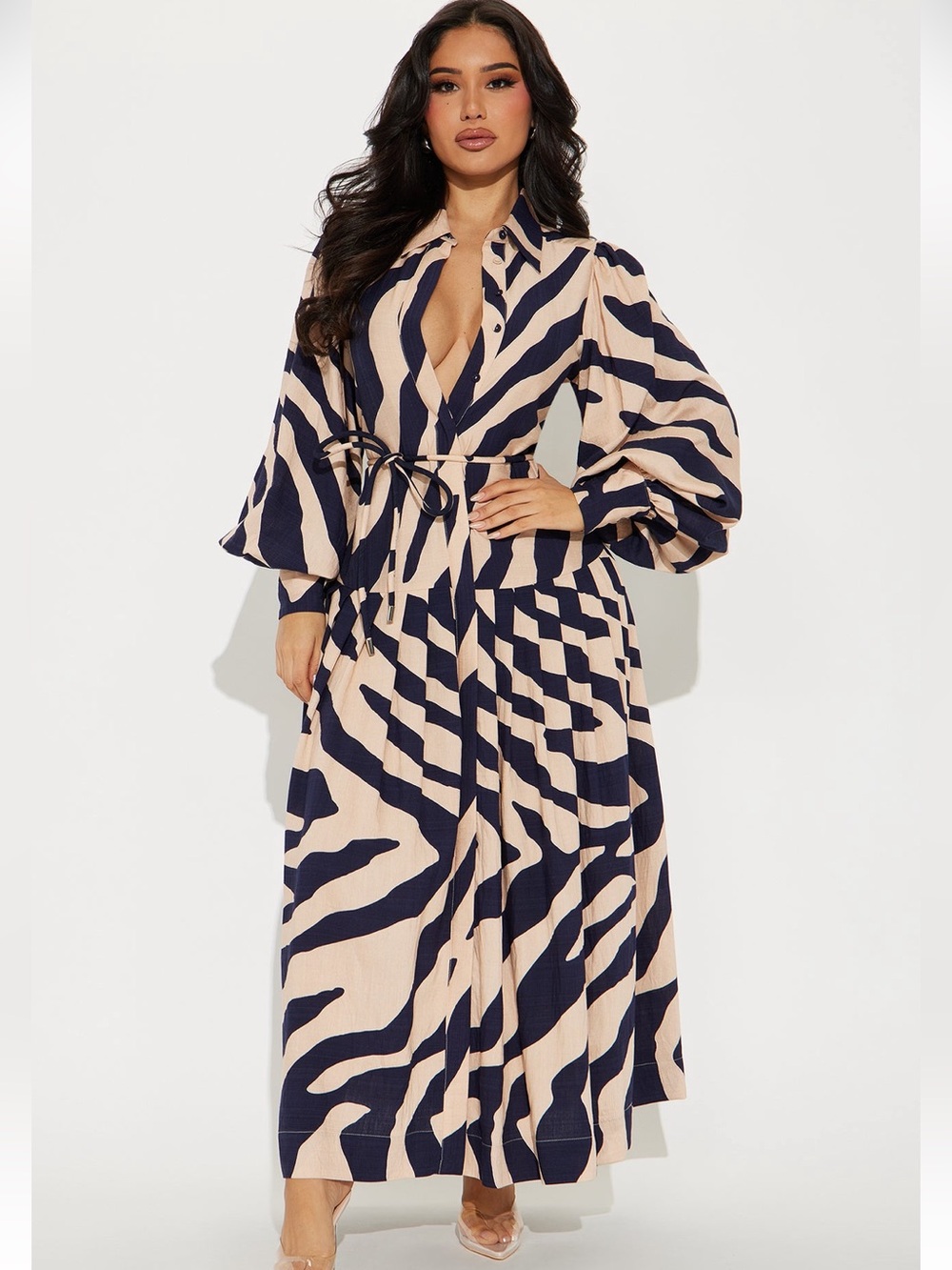 Fashion Nova Beige and Navy Zebra Print Long Sleeve Maxi Dress NWT Sz Medium
